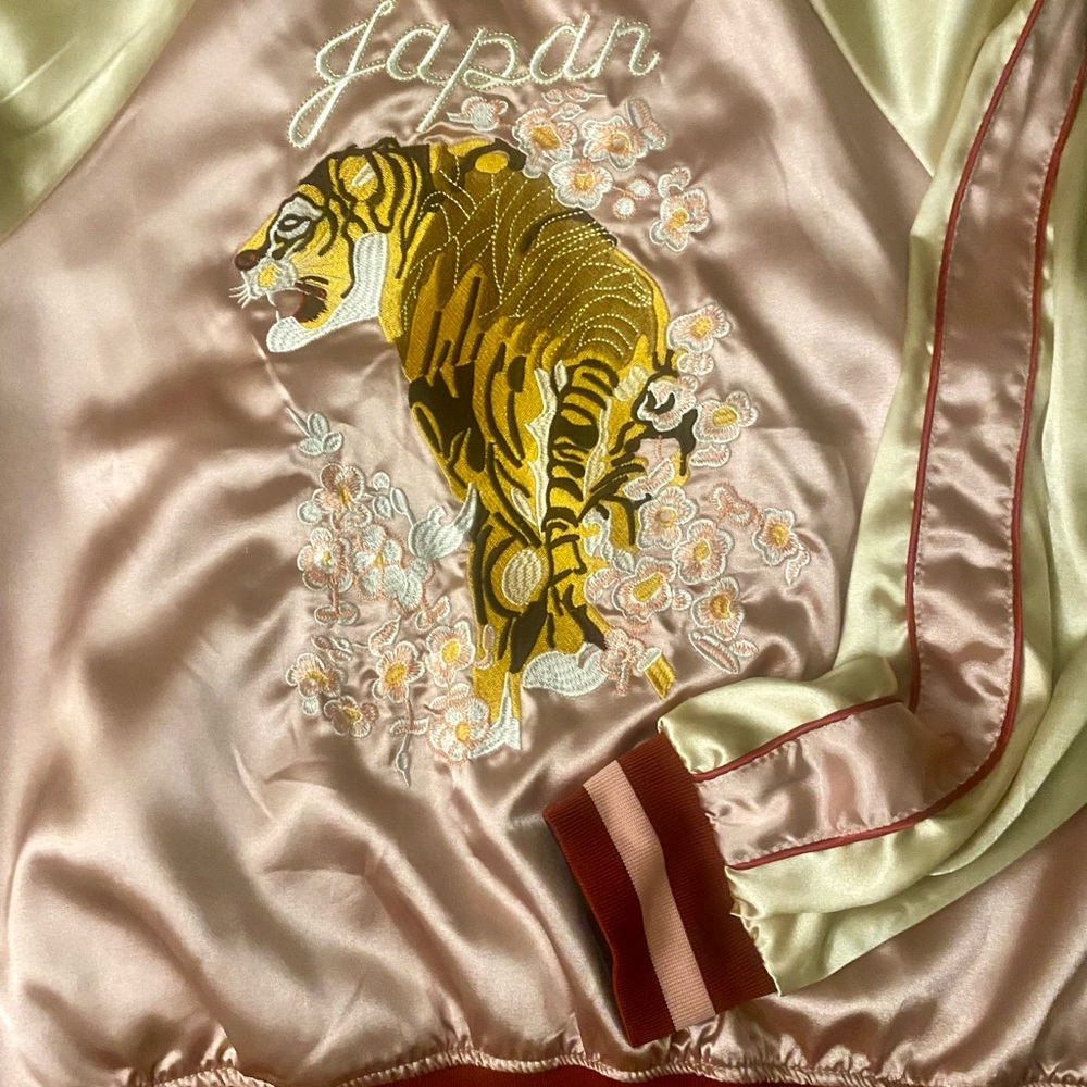 Embroidered Satin Bomber Jacket - Pink & Gold